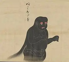 17 Nuribotoke (ぬりぼとけ）is a yōkai that resembles an animated corpse. Distinguishing attributes in most depictions are its pitch black color and its droopy, dangling eyeballs. Its name means "lacquered Buddha", although the term for Buddha (hotoke) can also be used for people who have died, since it is believed that they, too, become a buddha. This yōkai is commonly said to appear at night out of a butsudan (Buddhist shrine) that has been left open overnight or otherwise poorly maintained. In such cases, it has been shown to crawl out of the butsudan in order to cause havoc. Some reports say that when it appears, it is simply to repair and maintain the butsudan itself; however, more mischievous and violent acts have also been seen. One interesting aspect of the Nuribotoke's appearance is the black appendage that can be seen coming from its back, which is widely debated. Many depictions, including this scroll, show it to be hair. Many of these portrayals are from the Edo period. However, there are also many records showing this yokai to actually have a catfish-like tail coming from its back.