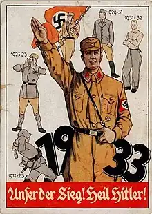 Propaganda poster showing SA uniforms from the Freikorps movements after World War I, through the party ban 1923–25, the uniform ban 1930–1931 up to 1933 when Hitler became Chancellor