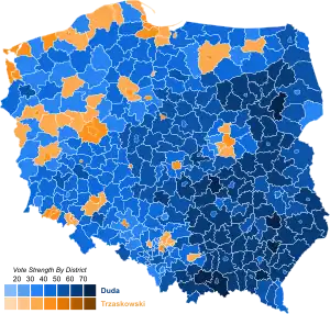 2020 Polish presidential election 1st round, PiS (blue), KO (orange)