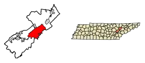 Location of Oak Ridge in Anderson and Roane Counties, Tennessee.