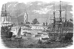 Magazine drawing of many small boats and two larger ships