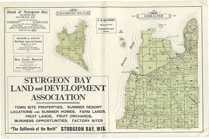 Map of northeastern coast of the Door peninsula with Chambers Island on the left.