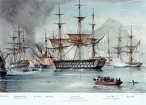 The Battle of Navarino; Scipion (1813) is shown in the centre, entangled with a fireship