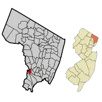 Location of Wallington in Bergen County highlighted in red (left). Inset map: Location of Bergen County in New Jersey highlighted in orange (right).