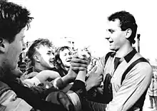 Rudwaleit with supporters of BFC Dynamo after the successful 1988-89 FDGB-Pokal final at the Stadion der Weltjugend on 1 April 1989.