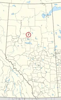 A map of the province of Alberta showing 80 counties and 145 small Indian reserves. One is highlighted with a red circle.