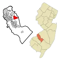 Map of Springdale highlighted within Camden County. Right: Location of Camden County in New Jersey.