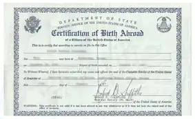 A State Department certification of birth abroad, issued prior to 1990