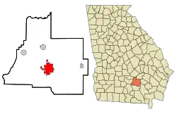 Location of Douglas in Coffee County, Georgia (left) and of Coffee County in Georgia (right)