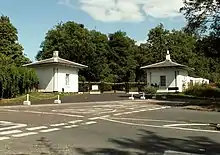 A street entrance to Great Hyde Hall (formerly just Hyde Hall), flanked by two lodges along Sawbridgeworth Road