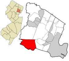 Location of Millburn in Essex County highlighted in red (right). Inset map: Location of Essex County in New Jersey highlighted in orange (left).