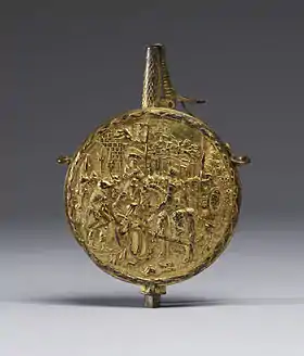 German gilded copper flask for priming powder with spring and The Justice of Trajan, 1530-1550