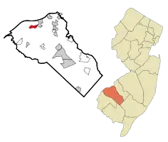 Map of Gibbstown highlighted within Gloucester County. Right: Location of Gloucester County in New Jersey.