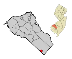 Map of Newfield highlighted within Gloucester County. Inset: Location of Gloucester County in New Jersey.