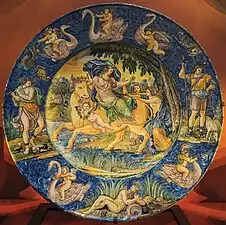 Nevers faience; central dish is 58 cm across, the main scene is the Rape of Europa, after an illustration of Ovid by François Chauveau, published in 1674