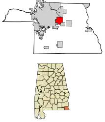 Location of Cowarts in Houston County, Alabama.
