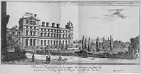 South facade with the Pavillon du Roi on the left and the southeast tower of the old Louvre on the right (engraved by Israël Silvestre, c. 1650)