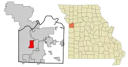 Location of Raytown in Jackson County and Missouri