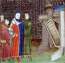 Illumination of a manuscript depicting Duke Jean IV of Brittany and his advisors in front of a town entrance