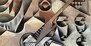 Juan Gris, 1912, La Guitare (Guitar and Glasses), oil on canvas, 30 x 58 cm, private collection. Exposició d'Art Cubista, Barcelona, 1912
