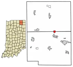 Location of Wolcottville in LaGrange County and Noble County, Indiana.