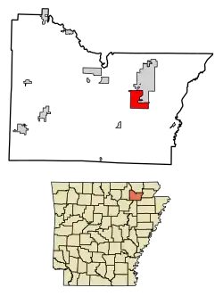 Location of Hoxie in Lawrence County, Arkansas.