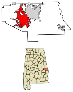 Location of Auburn in Lee County, Alabama.
