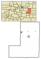 Location of Hugo in Lincoln County, Colorado.