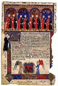 Portraits of capitouls from the year 1393–1394. The arms of Toulouse are represented by two angels shrouded in gold.