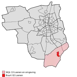 Location of Loenen in the municipality of Apeldoorn (the urban area of Loenen is red and the rural area is pink)