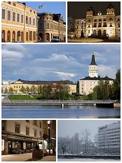 From top, left to right: Rantakatu in downtown Oulu; Oulu City Hall; Lyseo Upper Secondary School and the Oulu Cathedral; Shops along Kirkkokatu; Radisson Blu Hotel along Ojakatu