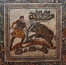 Man hunting a boar, Roman mosaic, 4th century AD