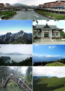 Top:Shuili Water Creek in Shuili Township, 2nd left:Mount Yu, 2nd right:Nantou County Museum of History in Nantou City, 3rd left:View of Sun Moon Lake, from Xuanzang Temple in Yuchi Township, 3rd right:Evergreen Glassland in Renci Township, Bottom left:Tou George Pond in Taiwan Educational University of Nature, Bottom right:Mount Hehuan