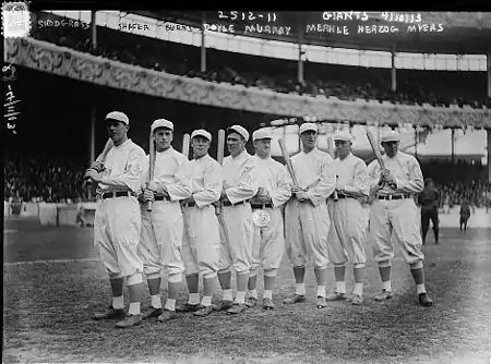 Image 5The NL champion New York Giants baseball team, 1913. Fred Merkle, sixth in line, had committed a baserunning gaffe in a crucial 1908 game that became famous as Merkle's Boner. (from History of baseball)