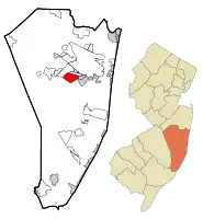 Map of Holiday Heights CDP in Ocean County. Inset: Location of Ocean County in New Jersey.