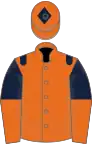 Orange, dark blue epaulets, dark blue and orange halved sleeves, orange cap, dark blue diamond