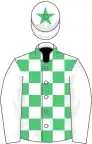 White and emerald green check, white sleeves, emerald green star on cap