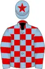 Red and light blue check, light blue and red hooped sleeves, light blue cap, red star
