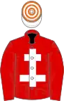 Red, white cross of lorraine, white and orange hooped cap