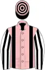 Pink, black braces, white and black striped sleeves, black and pink hooped cap
