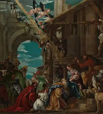 Adoration of the Magi Veronese  (1573). Verdigris with lead white