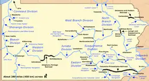 A network of east–west canals and connecting railroads spanned Pennsylvania from Philadelphia to Pittsburgh. North–south canals connecting with this east–west canal ran between West Virginia and Lake Erie on the west, Maryland and New York in the center, and along the border with Delaware and New Jersey on the east. Many shorter canals connected cities such as York, Port Carbon, and Franklin to the larger network.