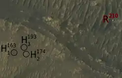 Location before 2021 solar conjunction(R210 rover/sol 210;H1631,H1742,H1933 are 1st,2nd,3rd sites of Ingenuity on Field H on sols 163,174,193)