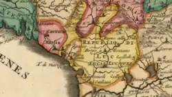 Detail of a French map of Italy from c. 1700–1750 showing the territory of the Republic of Lucca. The map was designed by Nicolas Sanson (1600-1667) and published after his death by Covens & Mortier.