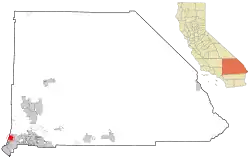 Location of Upland in San Bernardino County, California (left) and of San Bernardino County in California (right)