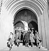 Tony Jaques: Students leaving the Chemistry Building, University of Saskatchewan, Saskatoon. May 1944.