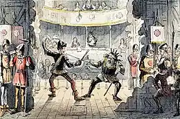 A view from the back of a stage. Two unkempt actors enact a sword fight for the audience. Men dressed as soldiers lounge and drink behind the props.