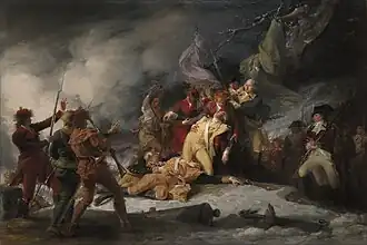 The Death of General Montgomery in the Attack on Quebec, December 31, 1775, a 1786 portrait by John Trumbull of Continental Army general Richard Montgomery, who was killed in action by British in the Battle of Quebec on December 31, 1775, in the American Revolutionary War by John Trumbull