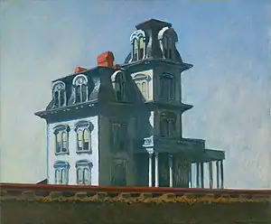 An oil painting of a blue four-story house.