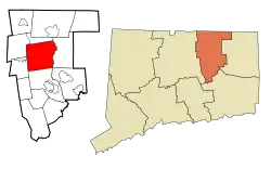 Tolland's location within Tolland County and Connecticut